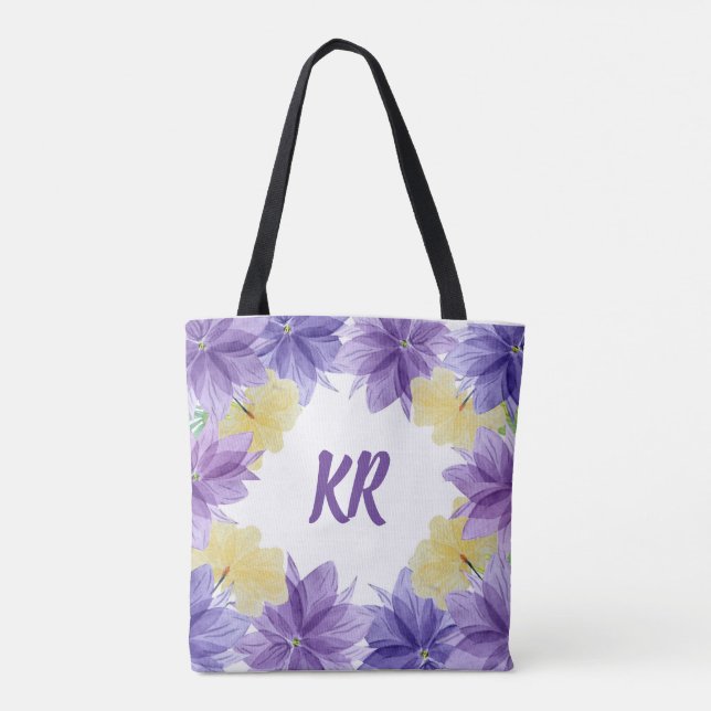 Tote Bag Fleurs violettes Hawaii Tropical Floral Monogrammé (Dos)