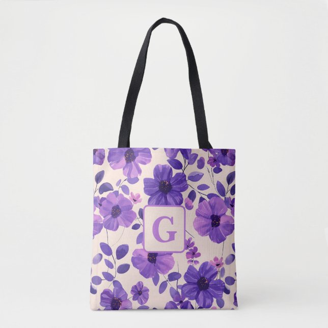 Tote Bag Fleurs violettes peintes à la main monogramme pers (Devant)