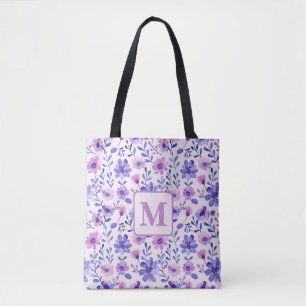 Tote Bag Fleurs violettes peintes à la main monogramme pers