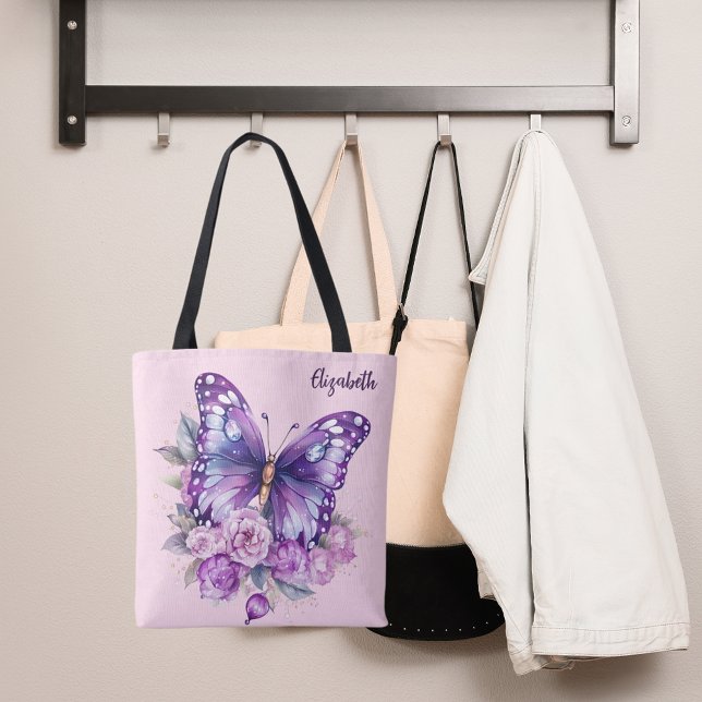 Tote Bag Fleurs violettes roses papillon (Créateur téléchargé)