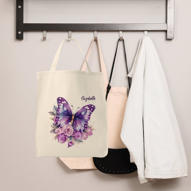 Tote Bag Fleurs violettes roses papillon (Créateur téléchargé)