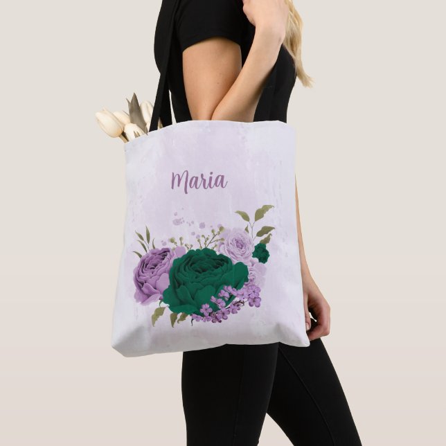 Tote Bag fleurs violettes vert émeraude (De près)