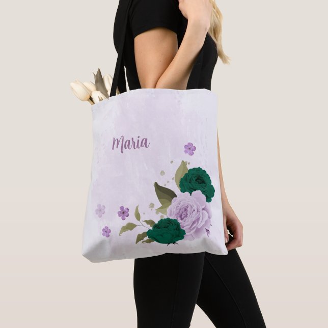 Tote Bag fleurs violettes vert émeraude (De près)