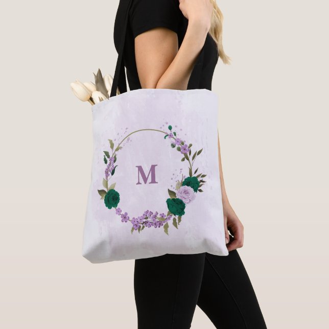 Tote Bag fleurs violettes vert émeraude (De près)