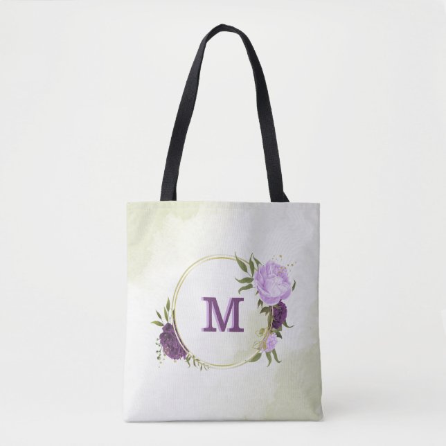 Tote Bag fleurs violettes vert feuilles (Devant)