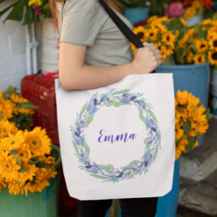 Tote Bag Fleurs violettes violettes Monogramme personnalisé