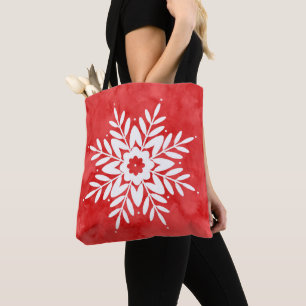 Tote Bag Flocon de neige abstrait aquarelle rouge