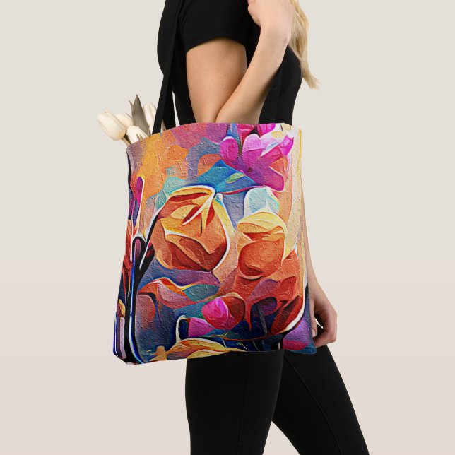 Tote Bag Floral Abstract Art Orange Red Blue Flowers (De près)