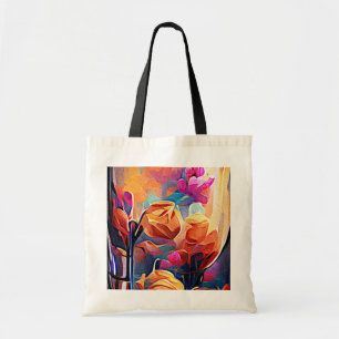 Tote Bag Floral Abstract Art Orange Red Blue Flowers