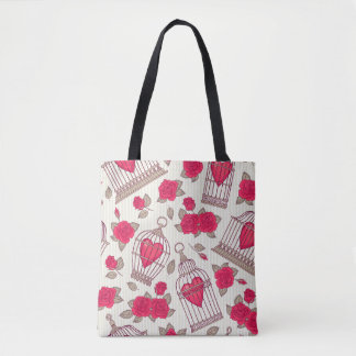 Tote Bag Floral Bird Cages Rose Motif