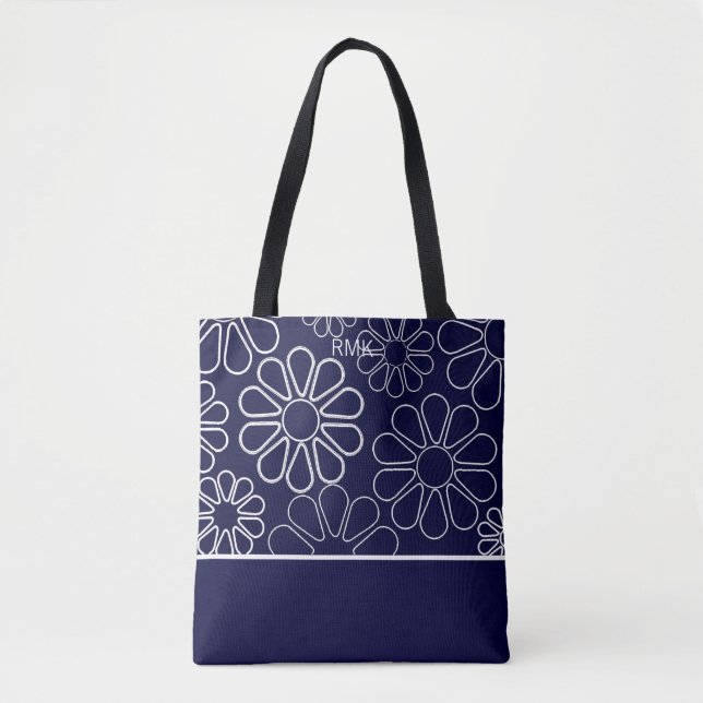 Tote Bag Floral bleu et blanc monogramme (Devant)