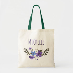 Tote Bag Floral bleu pourpre avec nom