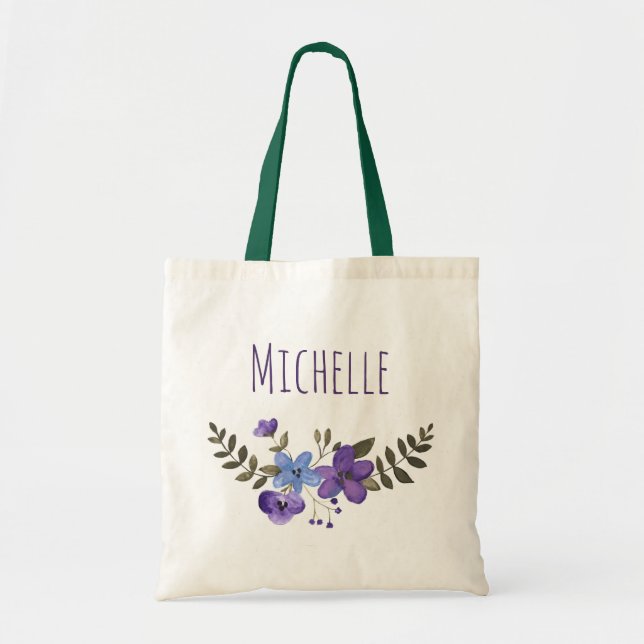 Tote Bag Floral bleu pourpre avec nom (Devant)