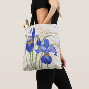 Tote Bag Floral Blue Iris Gold Damask Nom du monogramme