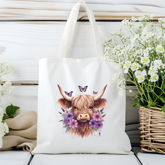 Tote Bag Floral Boho Purple Highland Cow Farmhouse Home (Créateur téléchargé)