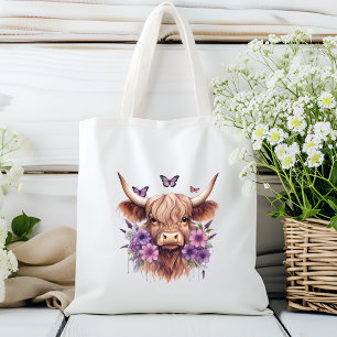 Tote Bag Floral Boho Purple Highland Cow Farmhouse Home