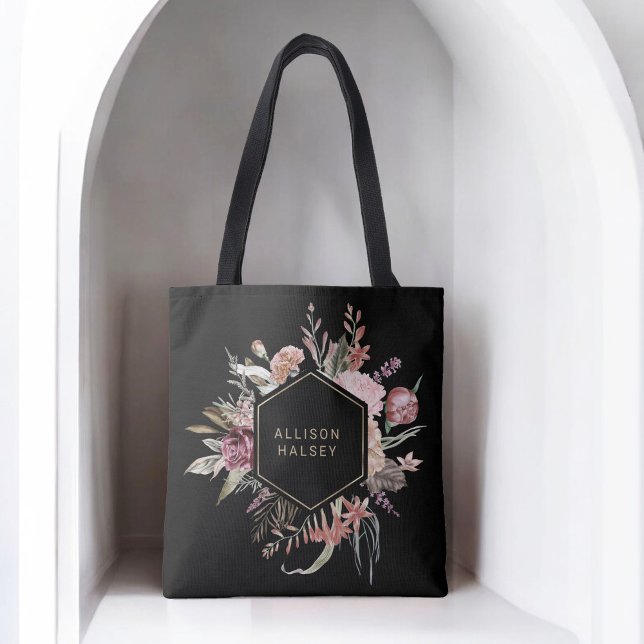 Tote Bag Floral Boho rustique élégant avec cadre géométriqu (Personalize with your name.)