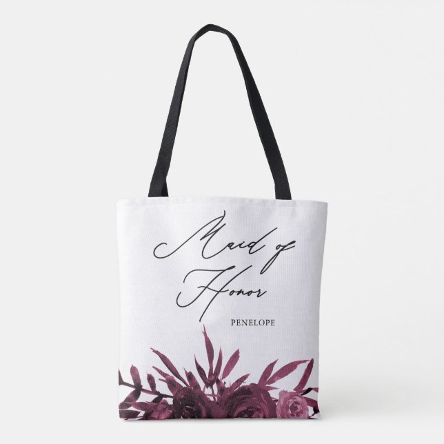 Tote Bag Floral Bourgogne avec femme d'honneur Script (Dos)