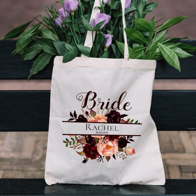 Tote Bag Floral Bourgogne | Mariage de mariée personnalisé (Créateur téléchargé)
