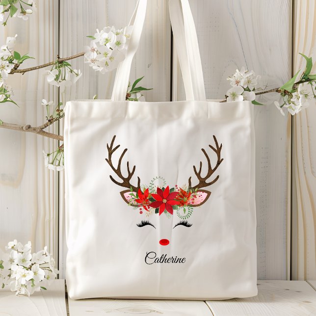 Tote Bag Floral Christmas Reindeer Nom personnalisé (Créateur téléchargé)
