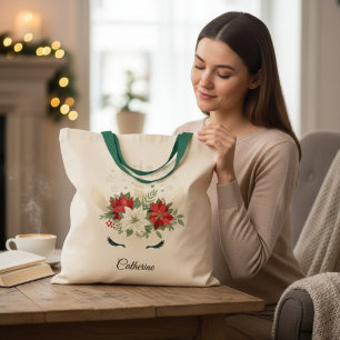 Tote Bag Floral Christmas Unicorn Nom personnalisé