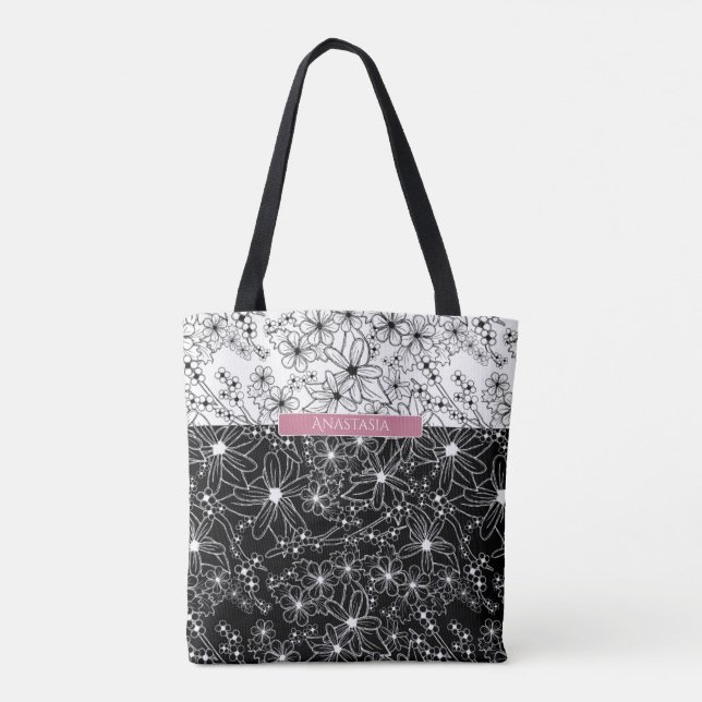 Tote Bag Floral Color Block Motif noir blanc avec nom (Dos)