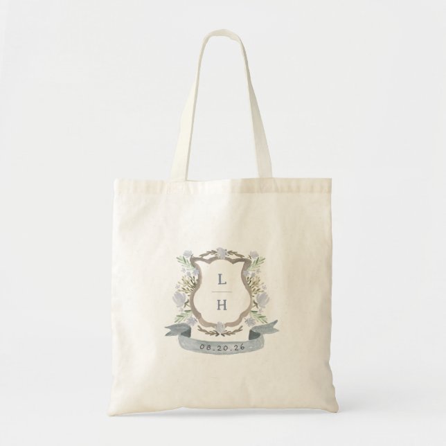 Tote Bag Floral Crest Aquarelle Monogramme Mariage (Devant)