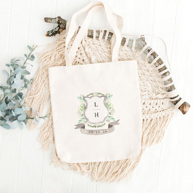 Tote Bag Floral Crest Aquarelle Monogramme Mariage (Créateur téléchargé)
