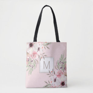 Tote Bag Floral d'aquarelle rose de Monogramme moderne