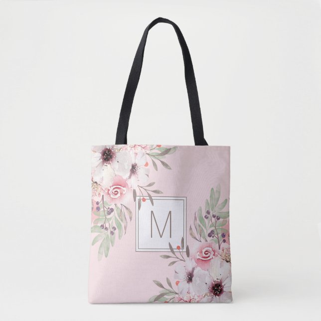 Tote Bag Floral d'aquarelle rose monogramme moderne (Devant)