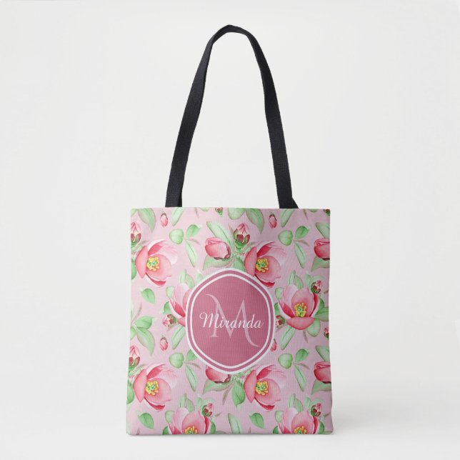 Tote Bag Floral De Fleur De Pomme Rose Douce Avec Monogramm (Devant)