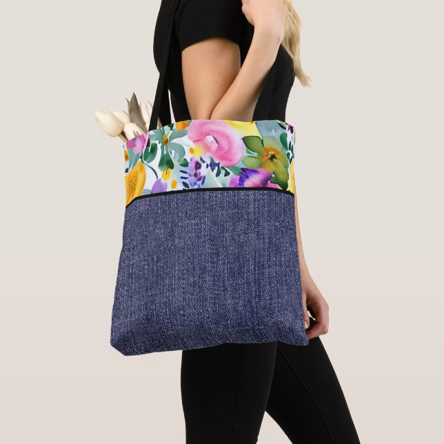 Tote Bag Floral de printemps et denim (De près)