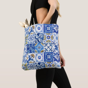 Tote Bag Floral d'été bleu méditerranéen, blanc et jaune