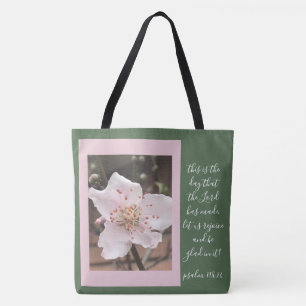 Tote Bag Floral (fleur de pêche) avec vers du Psaume 118:24