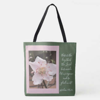 Tote Bag Floral (fleur de pêche) avec vers du Psaume 118:24