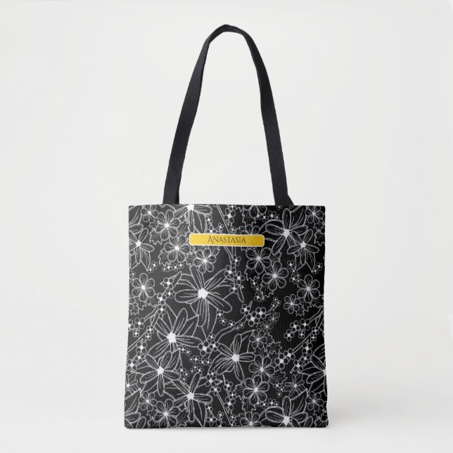 Tote Bag Floral foncé noir blanc Motif jaune Nom (Devant)