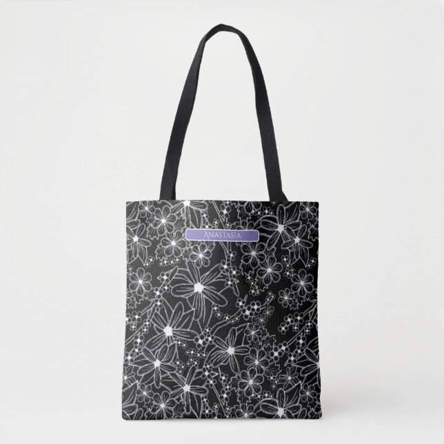 Tote Bag Floral foncé noir blanc Motif pourpre Nom (Devant)