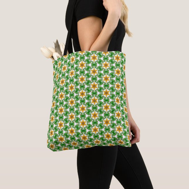 Tote Bag Floral géométrique Abstrait vert jaune moderne (De près)