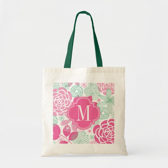 Tote Bag Floral Girly de rose de vert fuchsia de menthe (Devant)