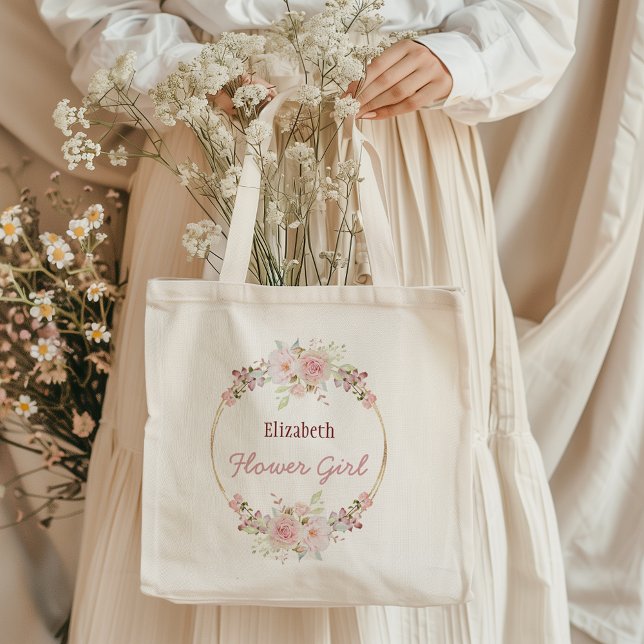 Tote Bag Floral Gold Bourgogne Rose Fleur fille avec nom (Créateur téléchargé)
