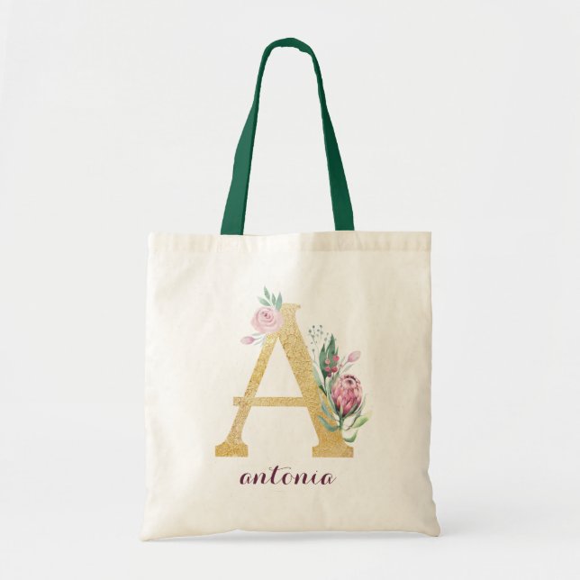 Tote Bag Floral Gold Vert violet Monogramme personnalisé (Devant)