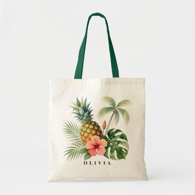 Tote Bag Floral Hawaii Pineapple & Hibiscus Summer Name (Devant)