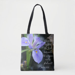 Tote Bag Floral (iris d'eau) avec verset du Psaume 118:24