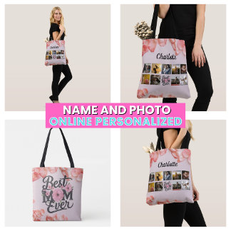 Tote Bag Floral Mère's Photo Collage Script Best Mom Ever