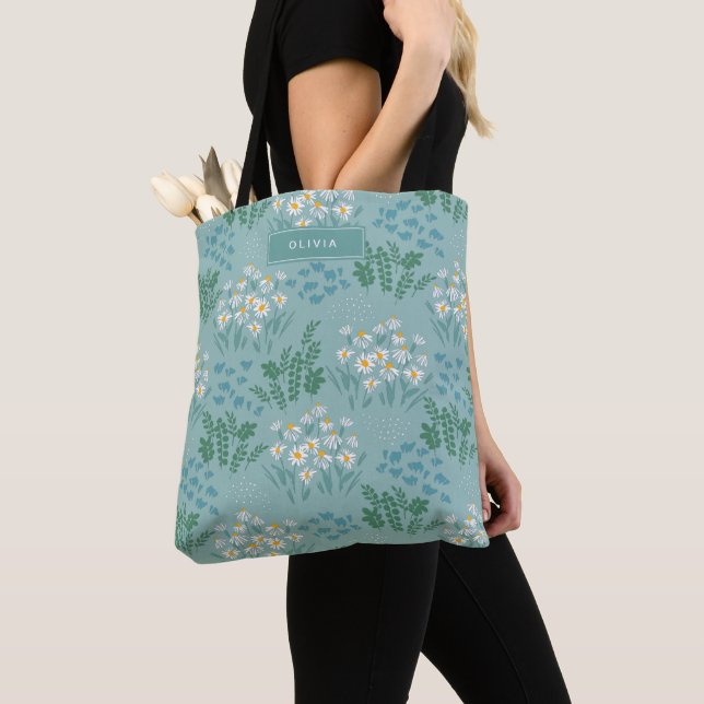 Tote Bag Floral moderne marguerite bleu girly élégant éléga (De près)