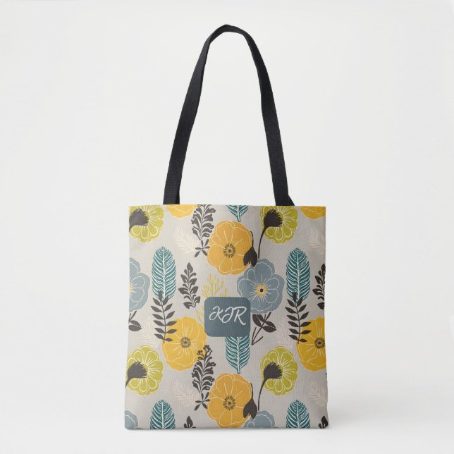 Tote Bag Floral moderne rétro sur gris (Devant)