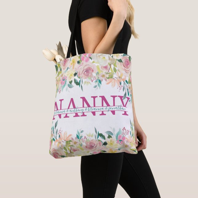 Tote Bag Floral Nanny scinde Monogramme avec des petits-enf (De près)