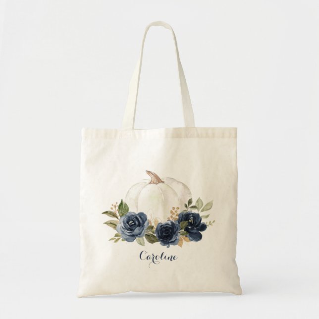 Tote Bag Floral Navy Blue Citrouille Automne Bridesmaitres (Devant)