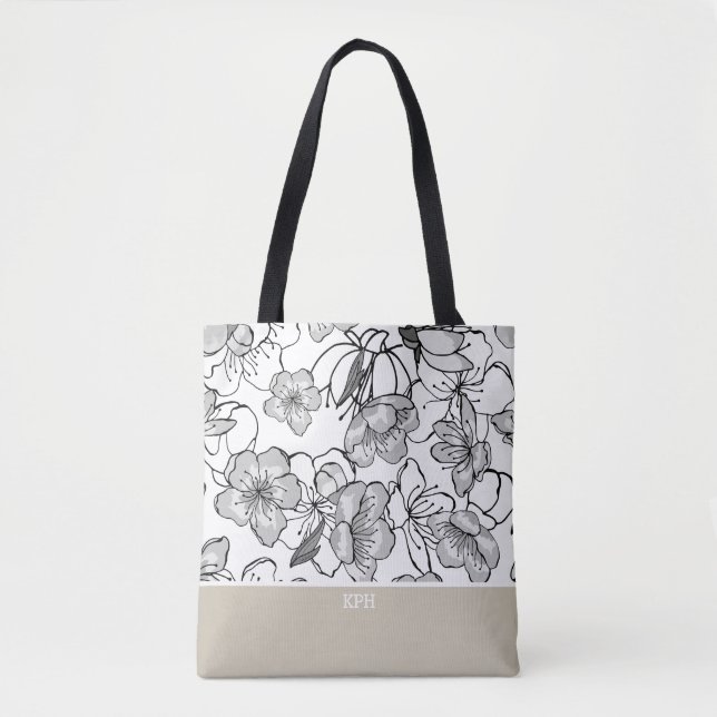 Tote Bag Floral Noir, Blanc et Tan avec Monogramme (Devant)