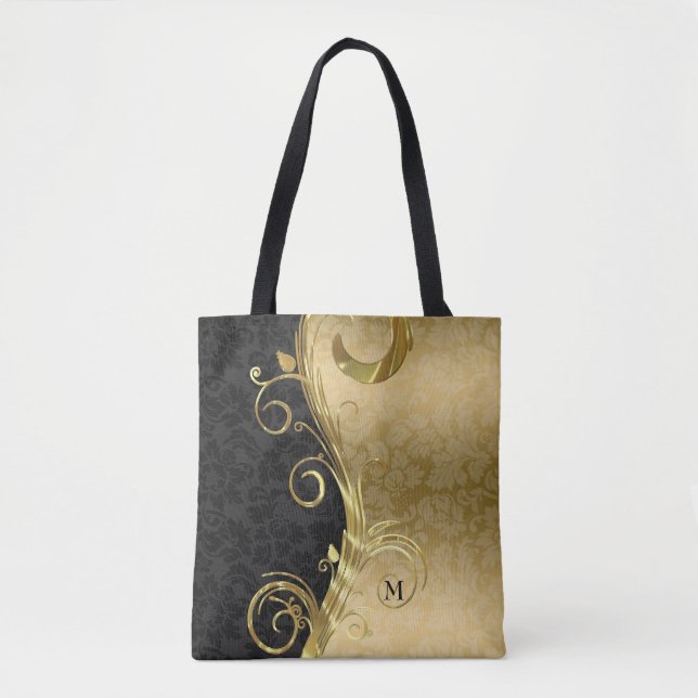 Tote Bag Floral Noir Et Or Damas Et Flore Or (Devant)